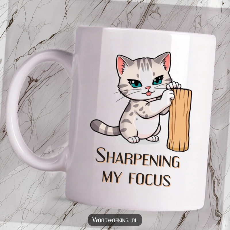 Funny cat mug, a determined cat intently sharpening its claws on a wooden post, showcasing feline focus and readiness.