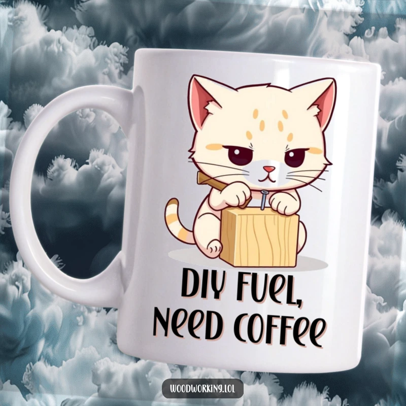 Funny cat mug showing a focused cat meticulously hammering a tiny nail into a wooden block, embodying determination and DIY humor.