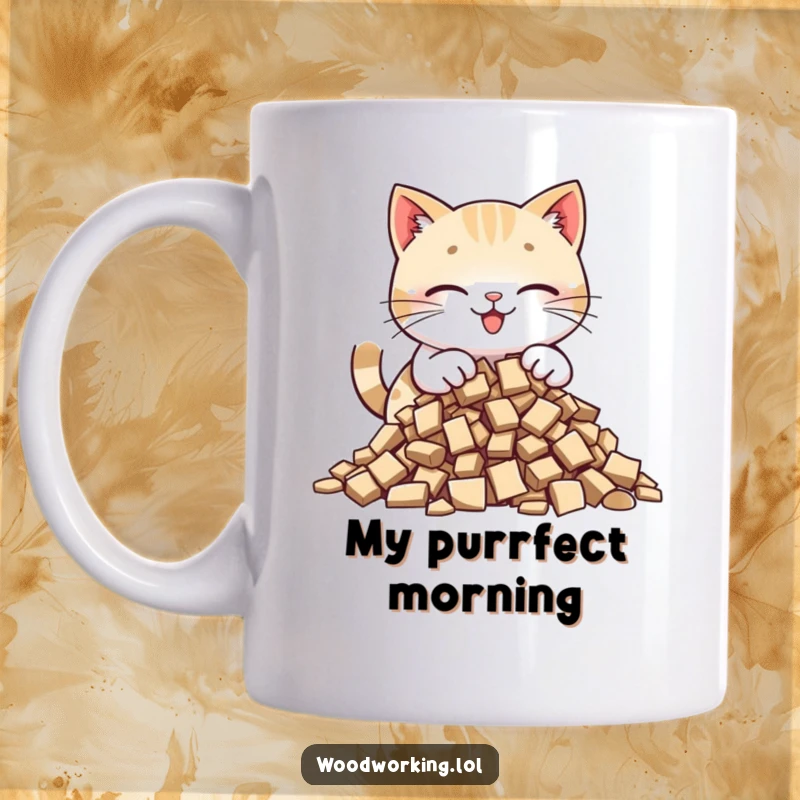 Funny cat mug showing a happy cat carefully placing wood chips into a neat pile with a focused and content expression.