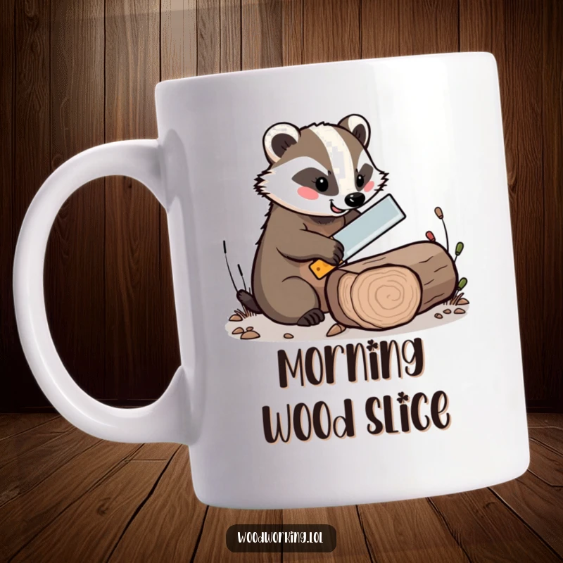Funny mug featuring a cheerful badger expertly sawing a log with a comically tiny saw, a unique gift.