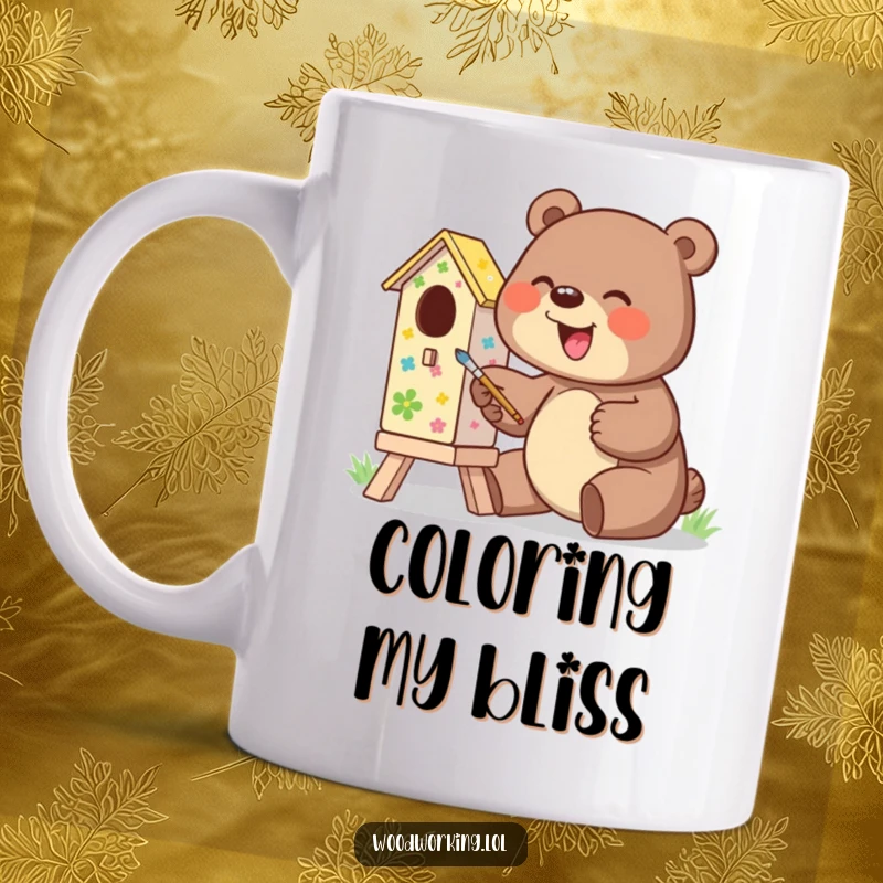 Funny mug featuring a giggling bear excitedly painting a vibrant, colorful birdhouse, a delightful gift.