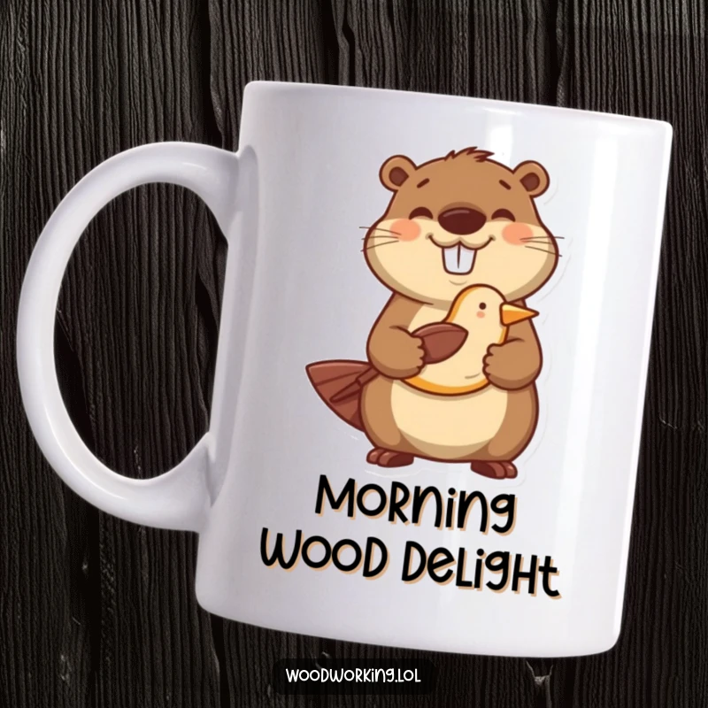 Funny mug featuring a happy beaver proudly displaying a beautifully hand-carved wooden bird, a unique gift for crafters.
