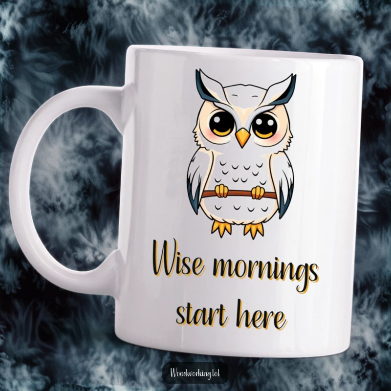 Funny owl mug showing a content owl diligently sketching a detailed blueprint for a birdhouse design with a wise, focused expression.