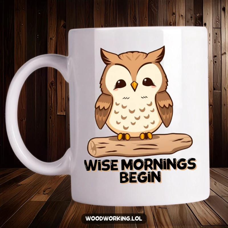 Funny owl mug featuring a proud bird meticulously sanding wood to a smooth finish, showcasing woodworking skill.