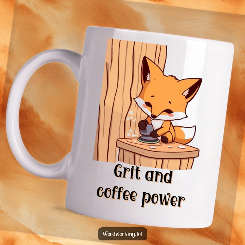 Funny fox carpenter mug, diligently sanding wood with intense focus, capturing the spirit of a dedicated craftsman.