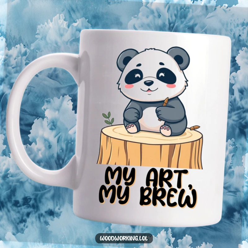 Funny mug showing a silly panda meticulously carving a delicate design into a piece of wood with focus and amusement.