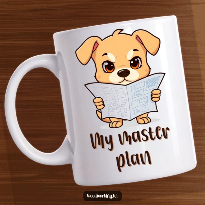 Funny Dog Mug: A determined dog intently studies a blueprint, ready for construction, a perfect funny gift.