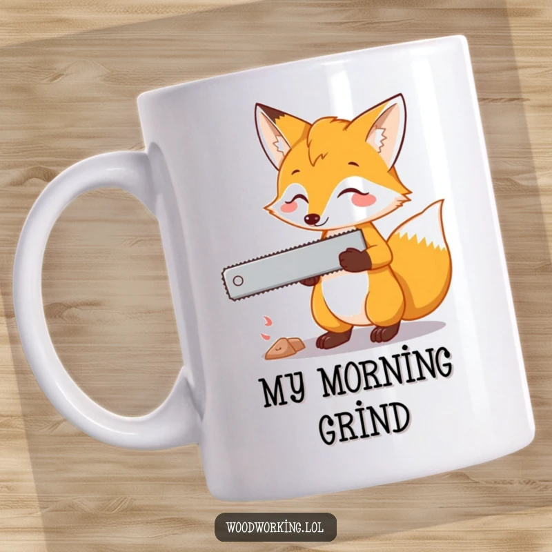 Funny fox mug featuring a curious fox holding a saw, contemplating its next move with a mischievous glint.