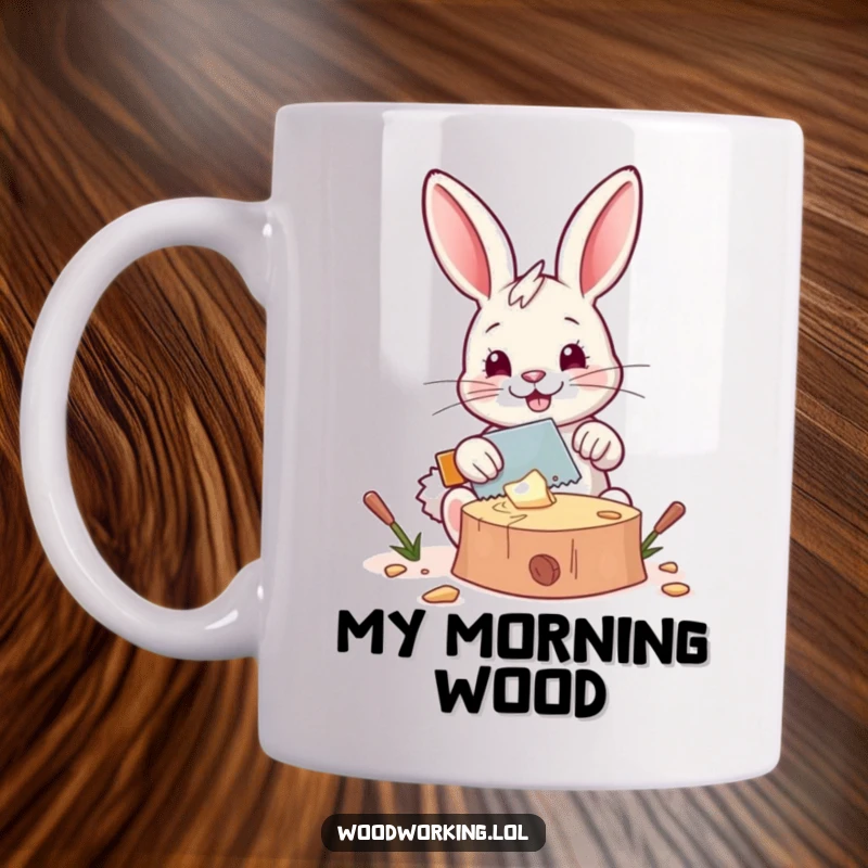 Funny mug: A happy bunny diligently saws a piece of wood with a tiny saw, showcasing DIY passion and humor for a gift.
