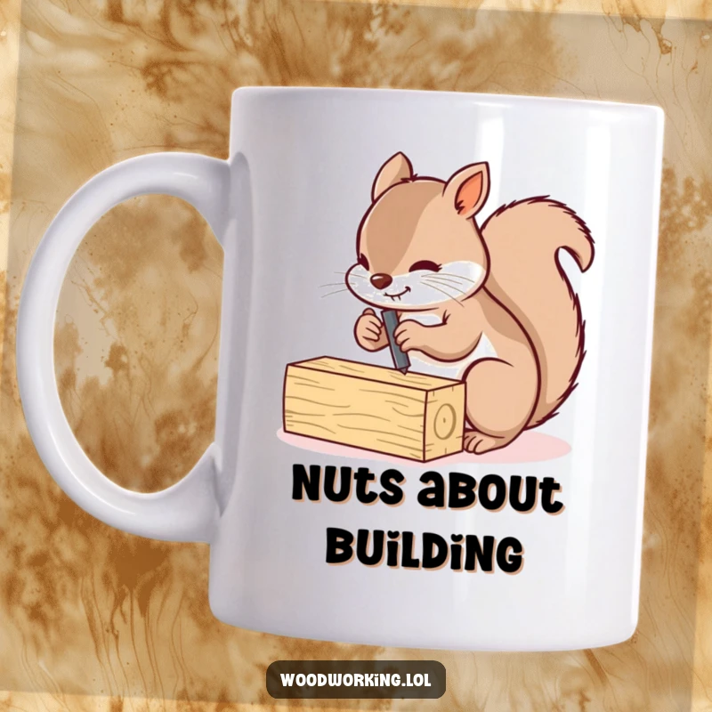 Funny squirrel diligently screwing two small wooden planks together with a determined expression, perfect for coffee lovers.