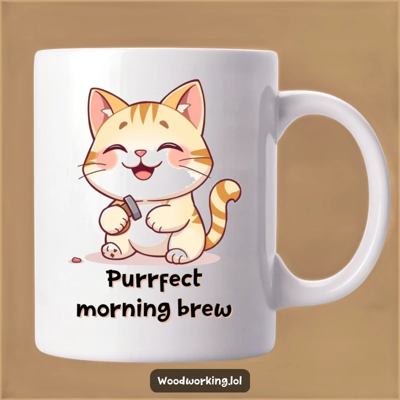 Funny Cat Carpenter Mug: Pleased Builder Hammers Nail - Gift