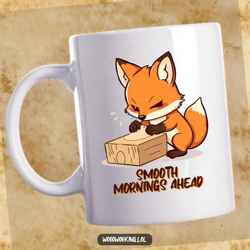 Funny mug featuring a determined fox intensely sanding a wooden plank, symbolizing focus and hard work.