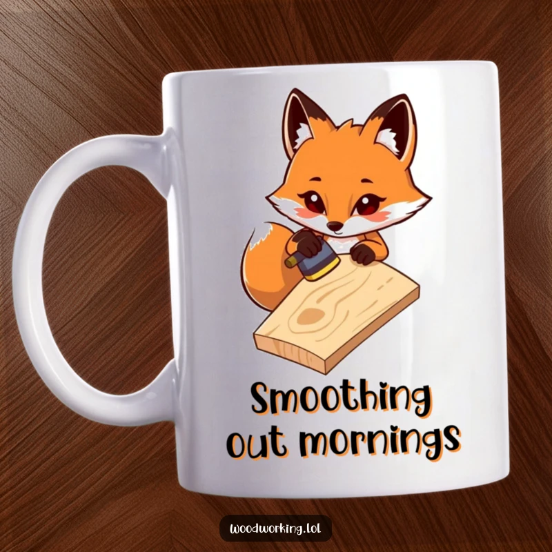 Funny mug: A determined fox carefully sands a wooden plank, showcasing meticulous craftsmanship and humor for a gift.