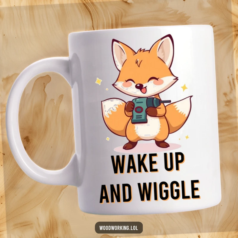 Funny mug featuring a happy, bouncing fox energetically operating a small drill with a cheerful expression.