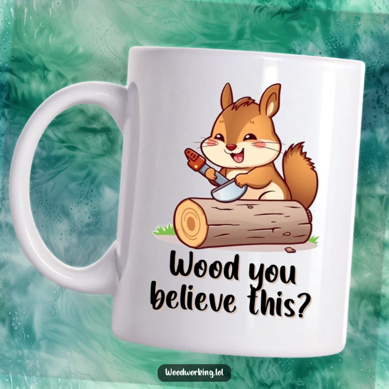 Funny chipmunk with a miniature saw enthusiastically sawing a log, perfect for coffee lovers and woodworking fans.