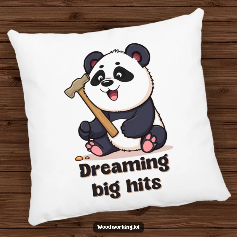 Funny panda carpenter pillow, playfully hammering a nail with a huge hammer, offering comfort and playful humor.