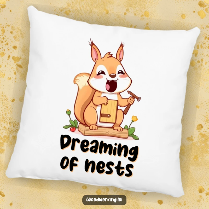 Funny squirrel throw pillow, a cheerful cartoon squirrel painting a small birdhouse, bringing artistic charm and humor indoors.