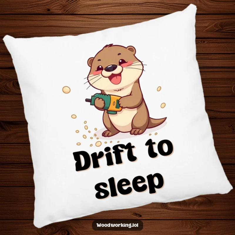 Funny otter gleefully operating a power drill, creating sawdust clouds, featured on a soft pillow.