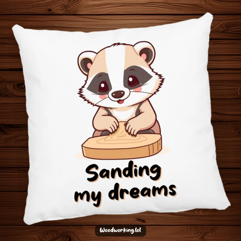 Funny pillow showcasing a badger in deep concentration sanding a piece of wood, adding humor to any living space.