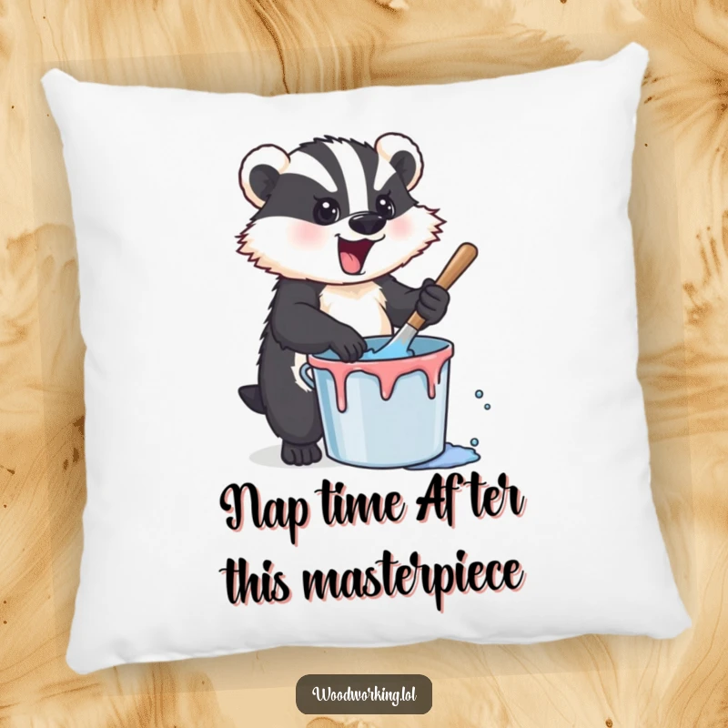 Funny badger stirring paint on a plush pillow, showcasing artistic energy and a humorous, comfortable vibe for any room.