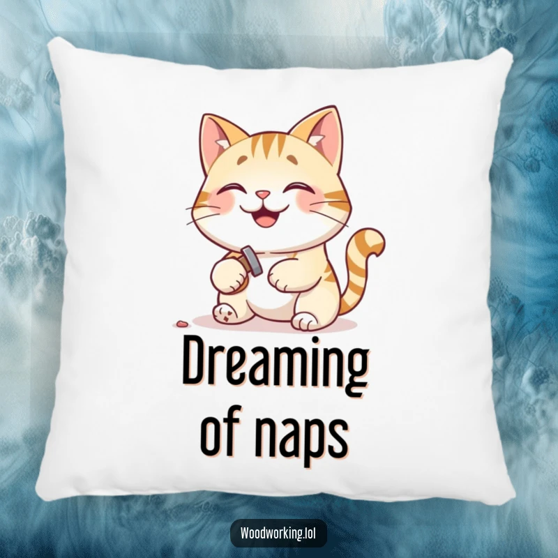 Funny decorative pillow showing a pleased cat hammering a tiny nail, perfect for adding cozy humor.