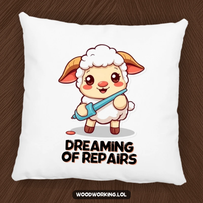 Funny pillow depicting a cheerful sheep with a screwdriver, exhibiting intense focus and a happy expression, perfect for cozy, humorous decor.