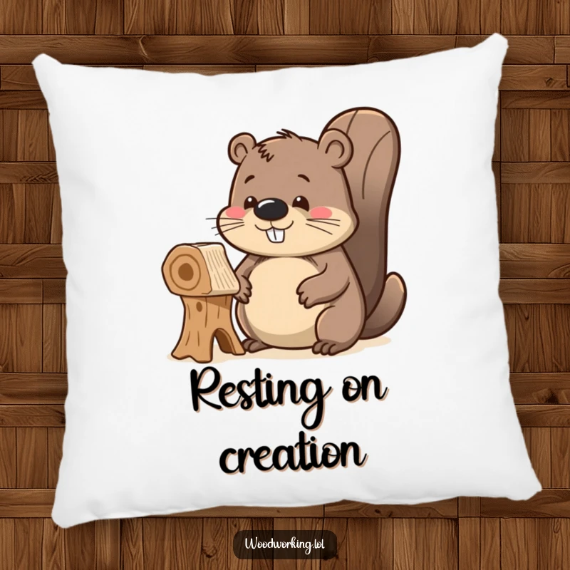 Funny delighted beaver pillow, proudly admiring its unfinished wooden creation, adding a touch of artistic pride and comfort to any room.