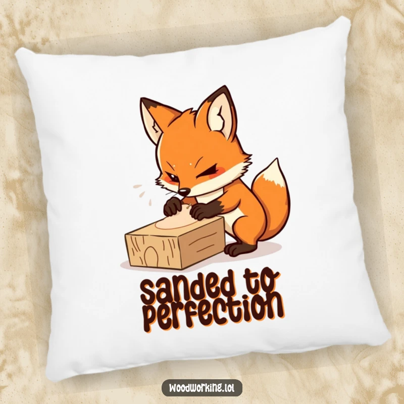 Funny pillow featuring a determined fox intently sanding a wooden plank, a soft and focused gift.