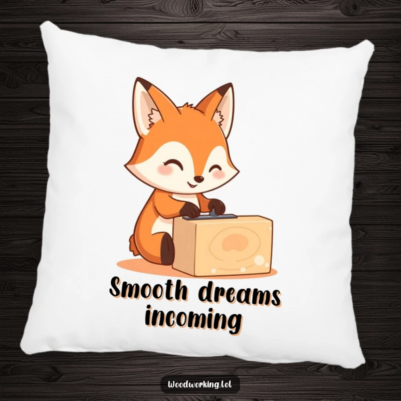 Funny cute fox with safety goggles on a soft pillow, sanding wood, crafty woodworking design, perfect funny gift.