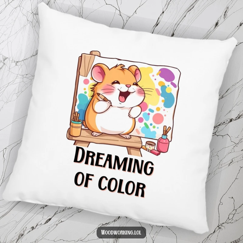 Funny hamster pillow showing a giggling hamster painting a vibrant mural on a wooden board, perfect for adding artistic comfort.