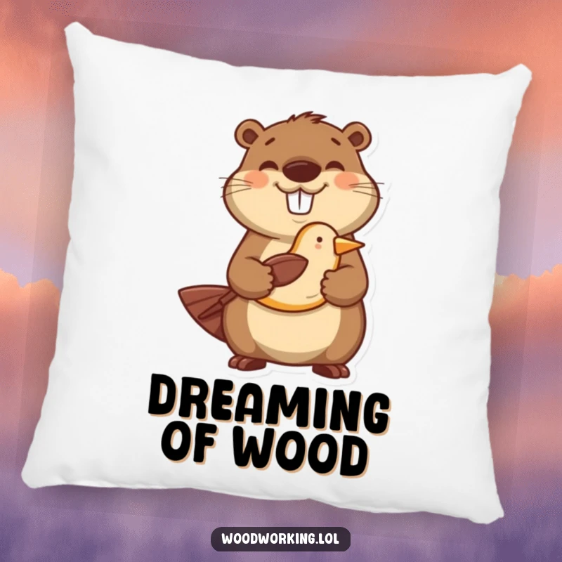 Funny pillow featuring a happy beaver proudly holding a carved wooden bird, soft and humorous decor.