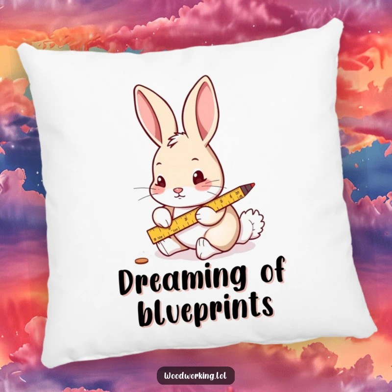 Funny pillow showcasing a curious rabbit carefully measuring wood with a ruler and pencil, adding charm.