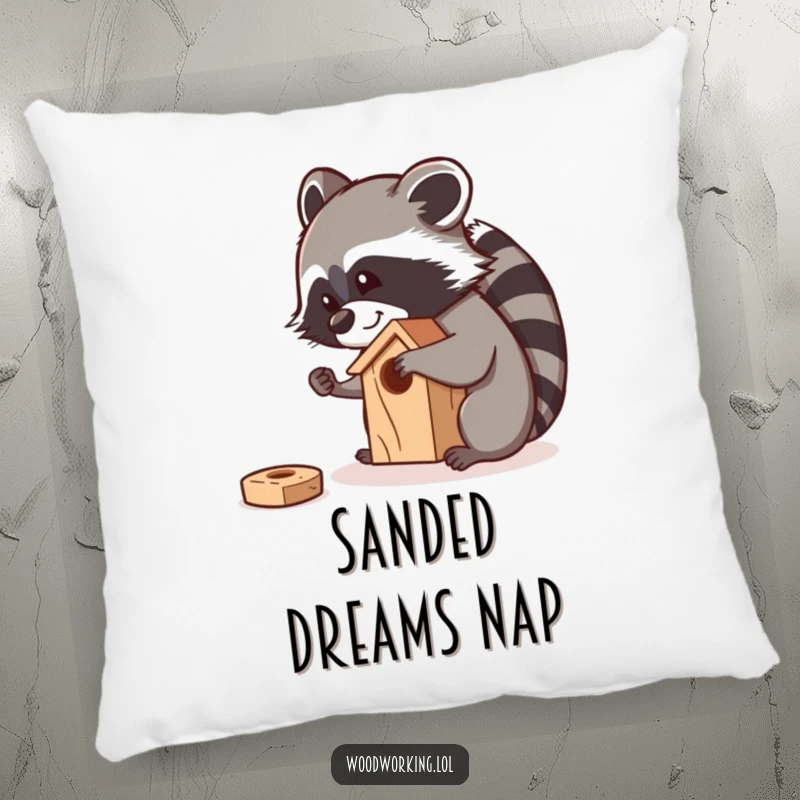 Funny raccoon meticulously sanding a small wooden birdhouse with a smile, featured on a soft pillow.