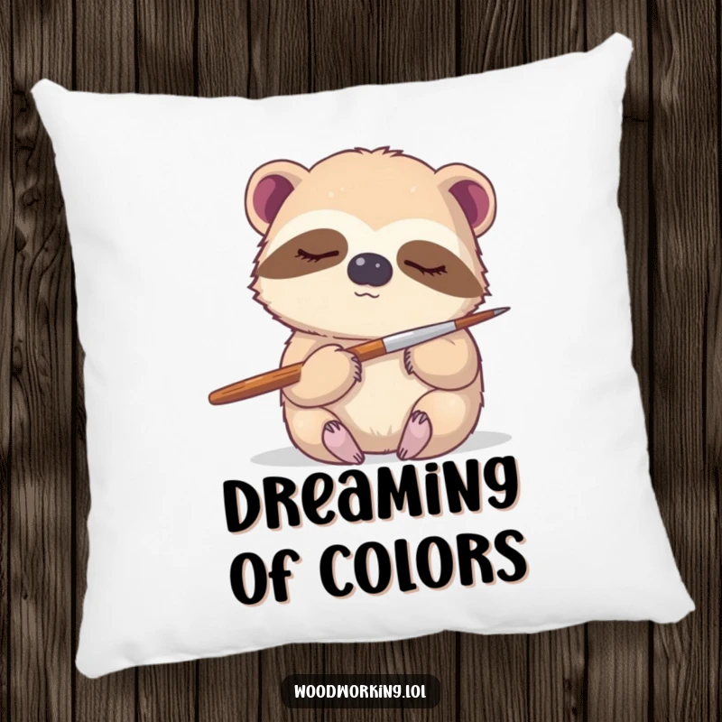 Funny sloth pillow, a sleepy sloth gently holding a paintbrush, providing comfort and inspiring gentle artistic endeavors.