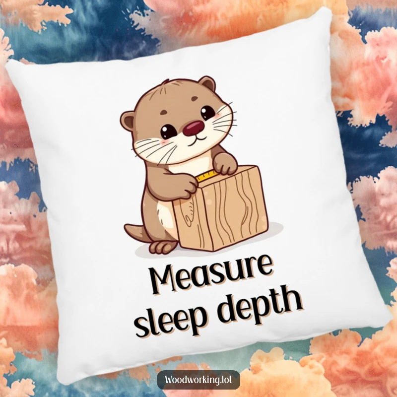 Funny curious otter pillow, precisely measuring a block of wood with a tape measure, adding a touch of diligent artistry and comfort.