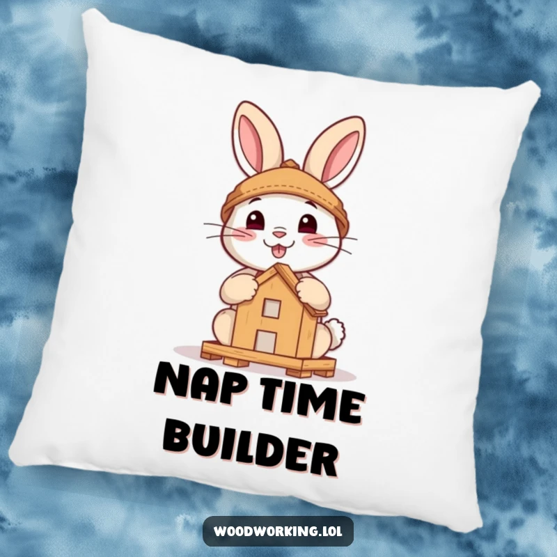 Funny pillow featuring a brave, smiling rabbit focused on assembling a small wooden structure, offering plush comfort and humor.