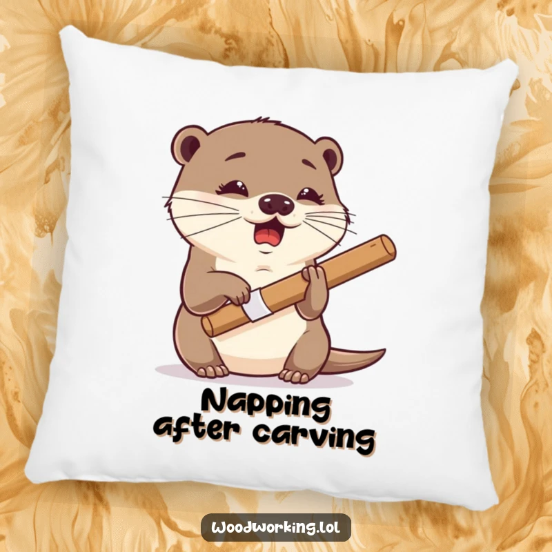 Funny otter pillow, giggling expression, using a chisel dexterously, a soft and humorous accent piece for artists.