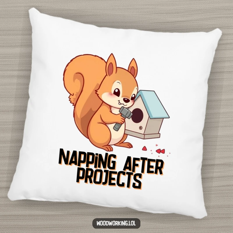 Funny determined squirrel hammering nails into a tiny birdhouse, a soft and humorous pillow.