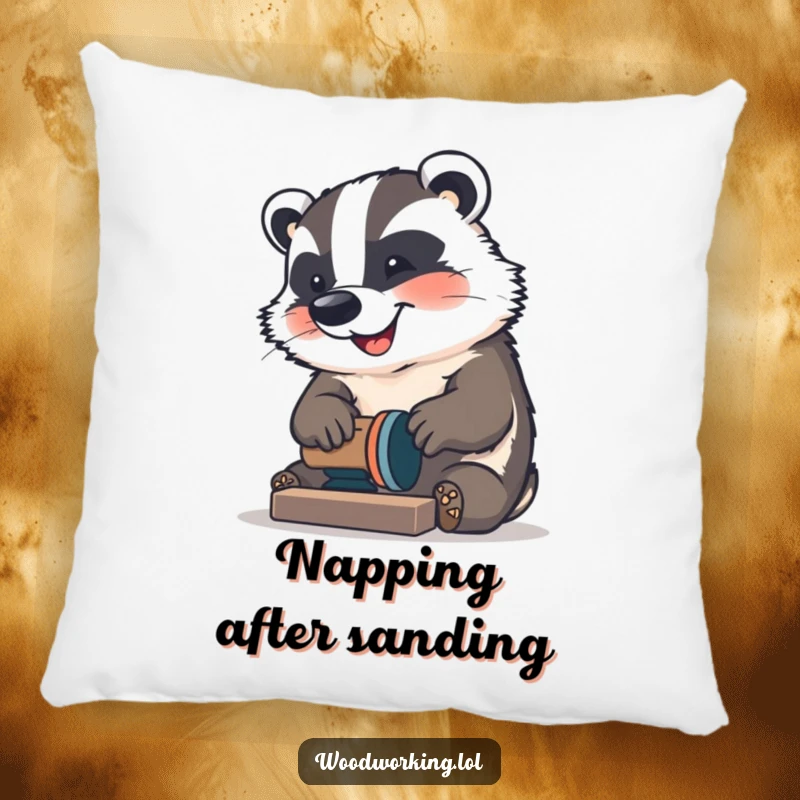 Funny Badger Pillow: A happy badger resting near a sander, soft and comfy, a funny gift.