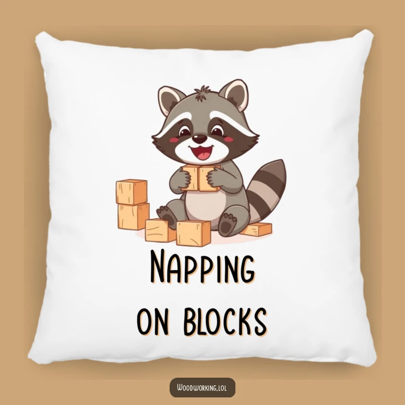Funny Raccoon Blocks Pillow: A cozy companion for a playful builder, a perfect funny gift.