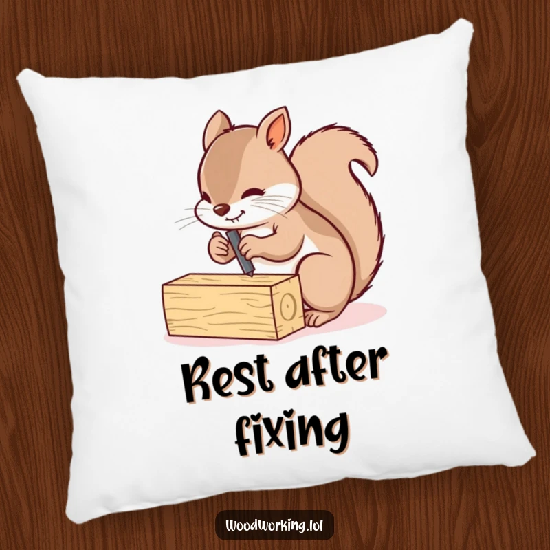 Funny squirrel diligently screwing two small wooden planks together, featured on a soft pillow.
