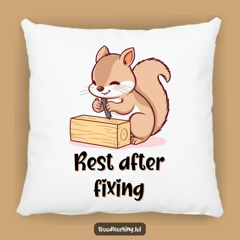 Funny Squirrel Screwing Planks Pillow: Busy Carpenter Accent for Cozy Spaces