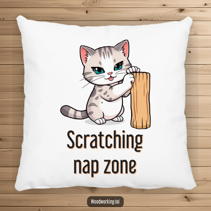 Funny cat pillow, a determined cat sharpening its claws on a wooden post, providing comfort with a touch of fierce feline energy.