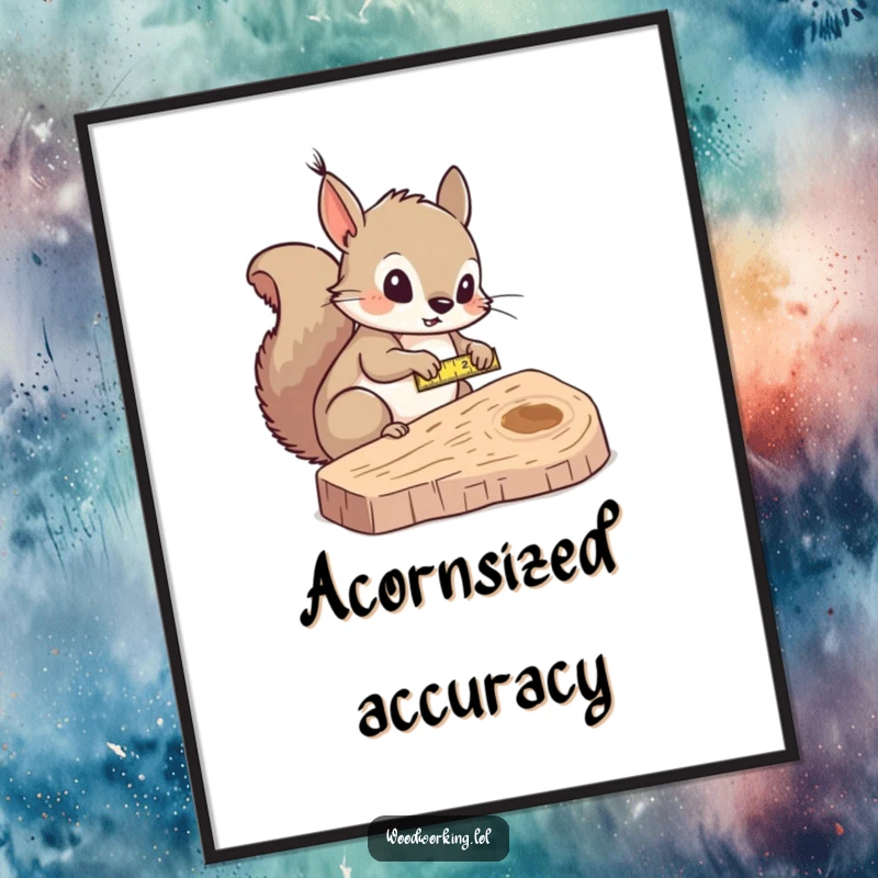Funny squirrel measurer digital art print, curiously measuring wood with a tape measure, perfect printable decor.