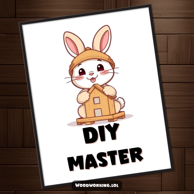 Funny digital art print of a brave rabbit smiling and building a small wooden structure, perfect for instant, humorous wall decor.