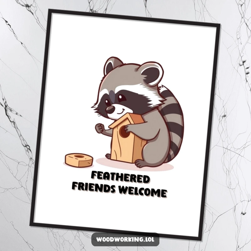 Funny raccoon meticulously sanding a small wooden birdhouse with a smile, available as a digital art print.