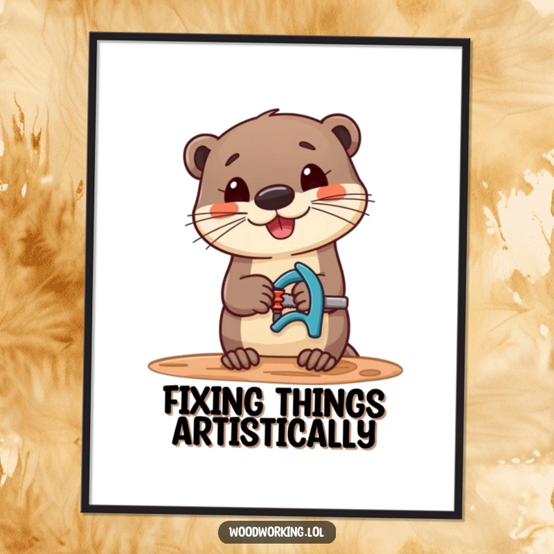 Funny digital art print of a cheerful otter using a clamp on wood, perfect for instant, humorous wall decor.
