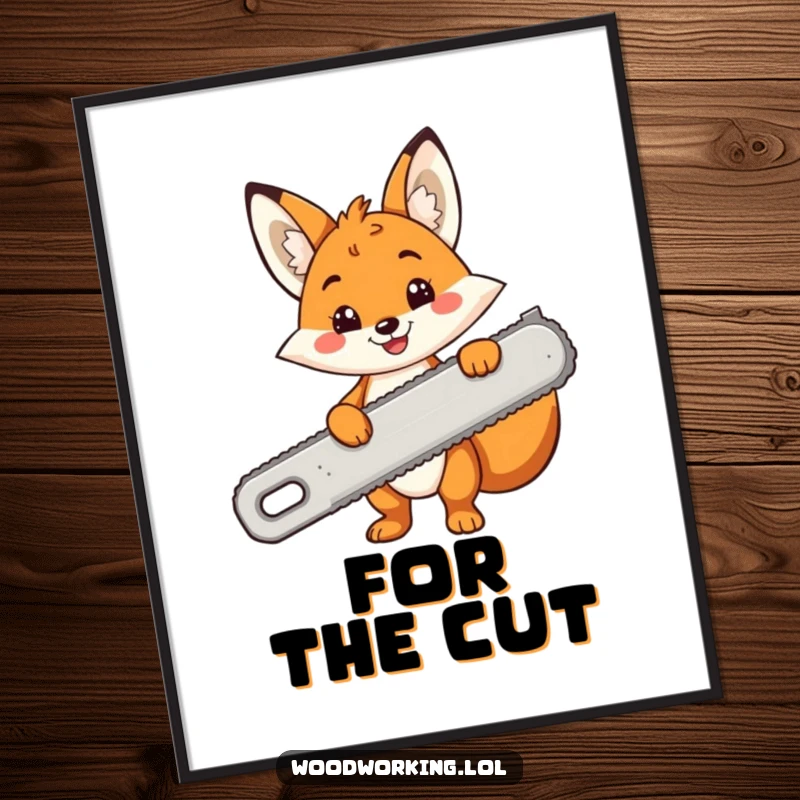 Funny digital art print of a cheerful cartoon fox smiling and holding a comically large saw, instant wall decor.