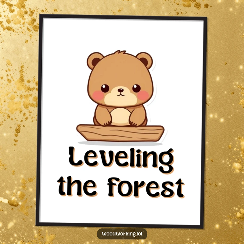 Funny Bear Carpenter Digital Art Print of a focused bear using a level on wood, a humorous and downloadable gift.