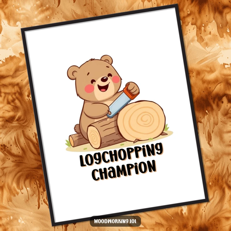 Funny bear digital art print of a happy, large brown bear enthusiastically sawing a log with a tiny handsaw, radiating cheer.